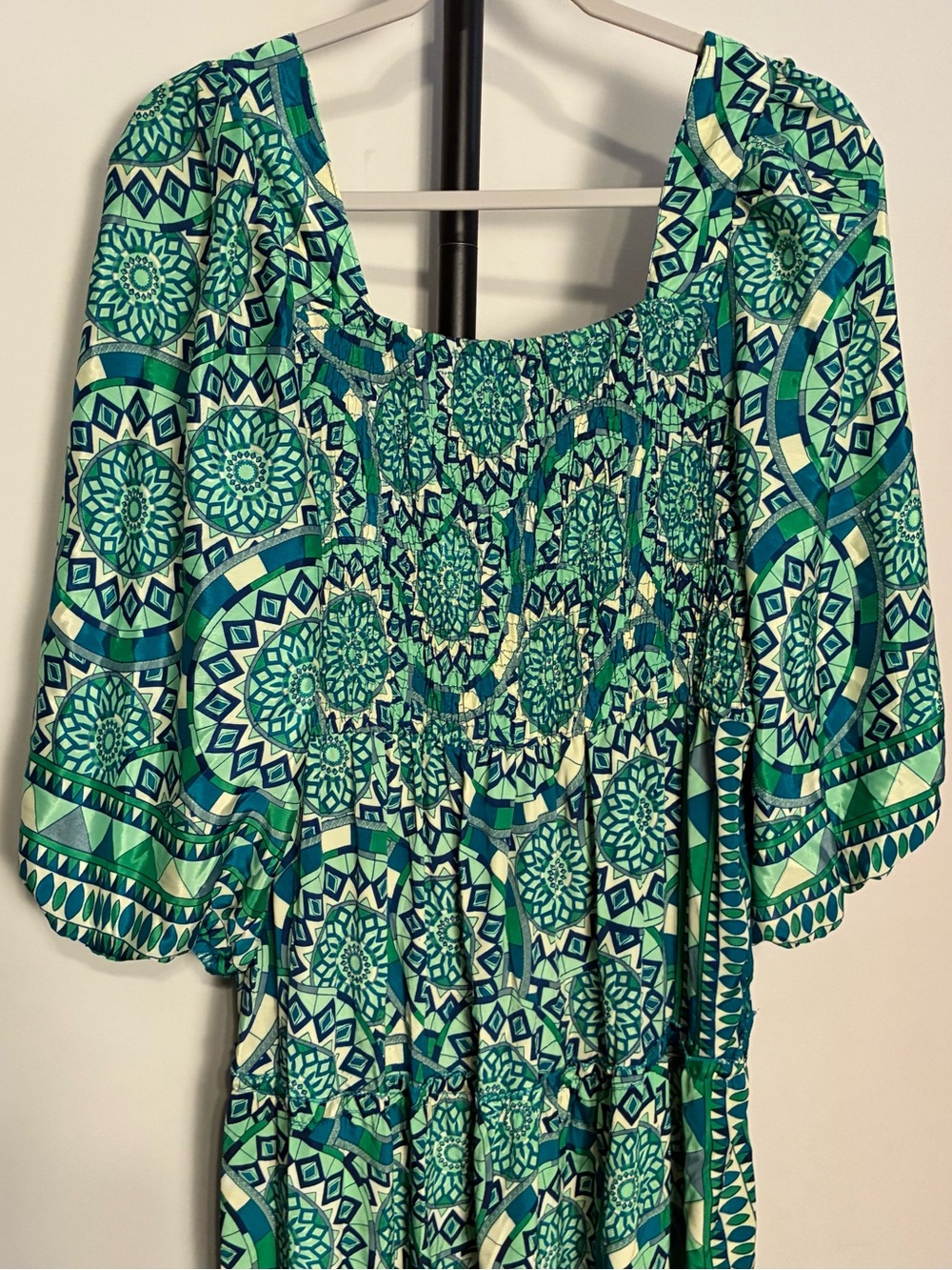 Me 2 Magic Boho Maxi Dress Green Blue Tiered Smock Bodice 2X - Picture 3 of 6